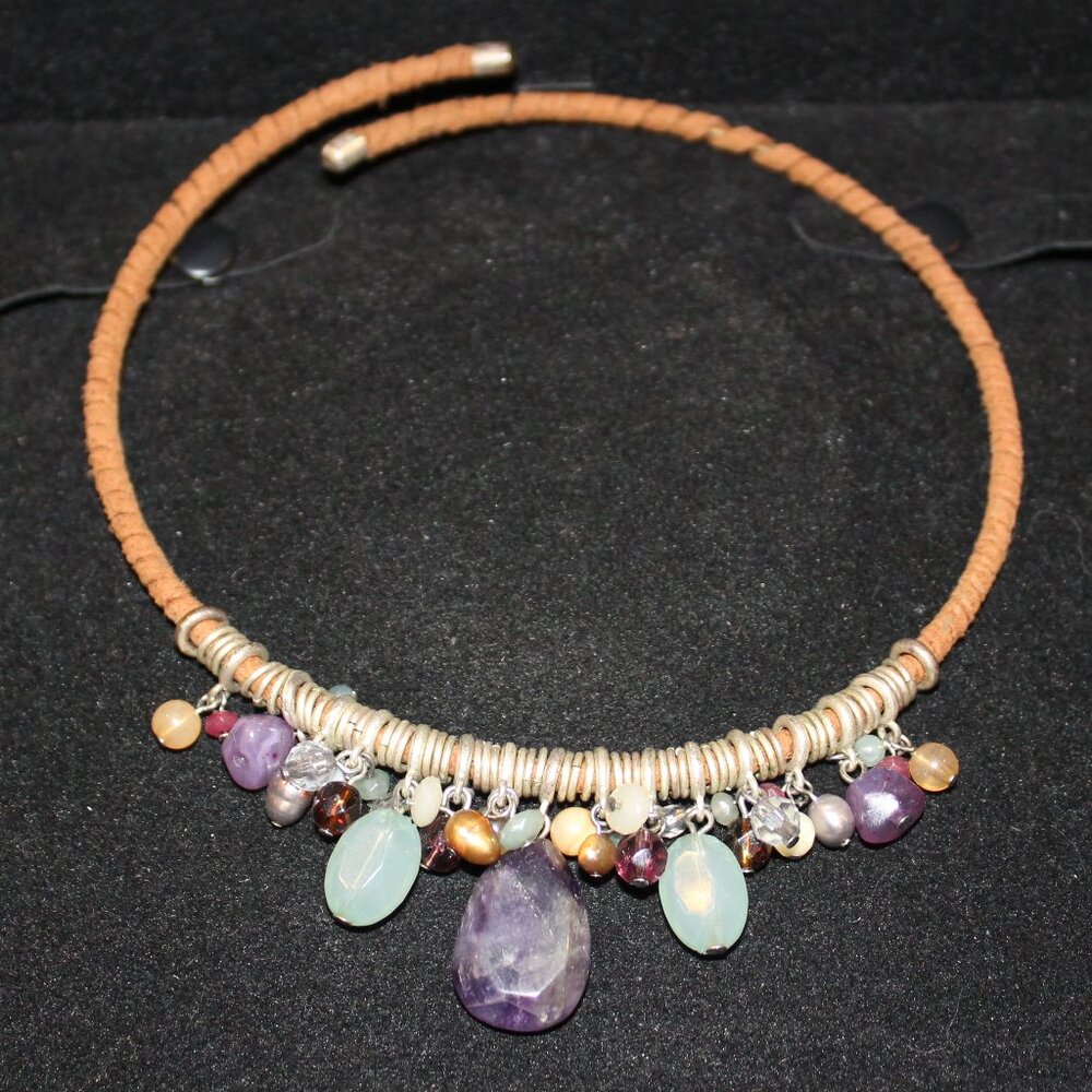 Super cute Purple & Green multi Stone Leather Choker Necklace BOHO